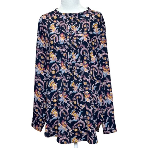 NEW LOFT Top Womens Long Sleeve Floral Print Blouse M Navy Multi-Color Loose Fit - Picture 2 of 9